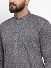 Men Grey Printed Kurta with White Churidar ( JOKP 604 Grey )-JOKP-604