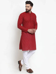 Men Red Printed Kurta with White Churidar ( JOKP 604 Red )-JOKP-604