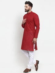 Men Red Printed Kurta with White Churidar ( JOKP 604 Red )-JOKP-604