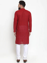 Men Red Printed Kurta with White Churidar ( JOKP 604 Red )-JOKP-604