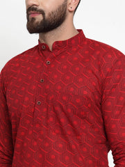Men Red Printed Kurta with White Churidar ( JOKP 604 Red )-JOKP-604