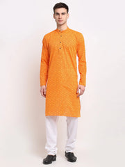 Men's Yellow Cotton Printed Kurta Payjama Set