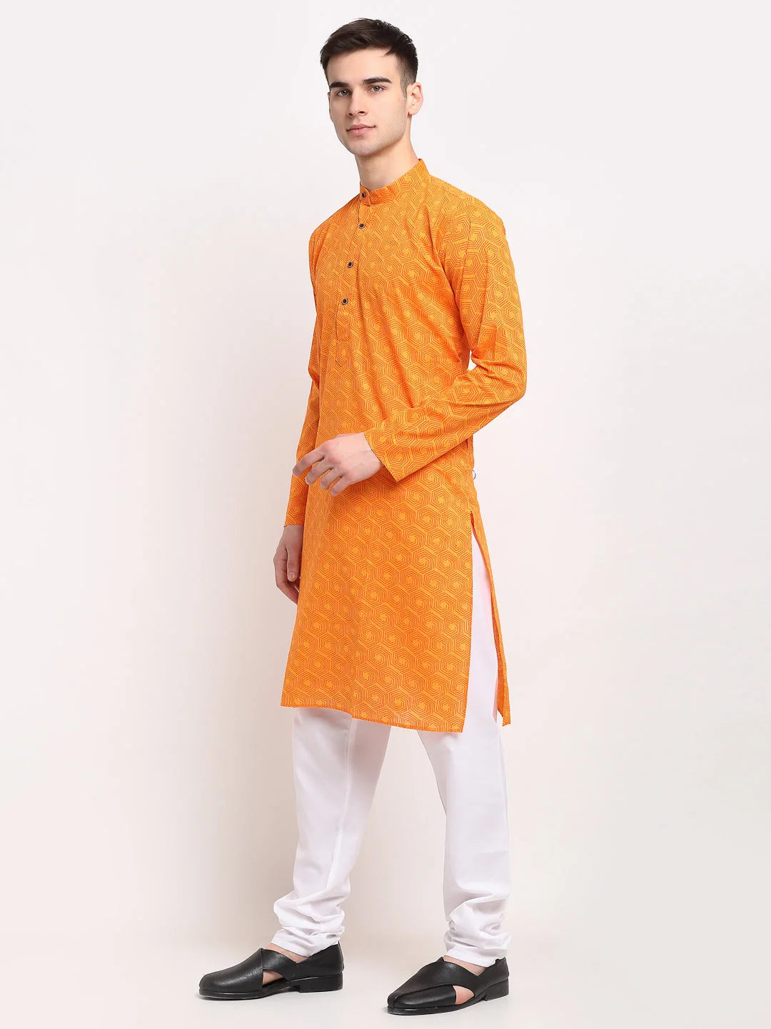 Yellow Cotton Printed Men's Kurta | Indian Kurta for Men