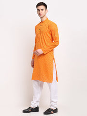 Men's Yellow Cotton Printed Kurta Only