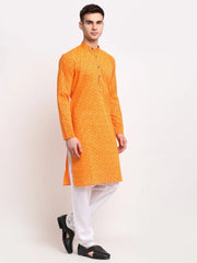 Men's Yellow Cotton Printed Kurta Only