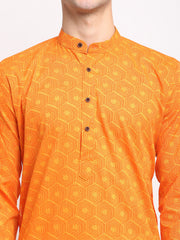 Men's Yellow Cotton Printed Kurta Payjama Set