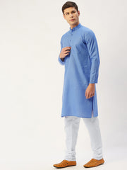Men's Blue Cotton Solid Kurta Only