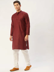 Men's Maroon Cotton Solid Kurta Only
