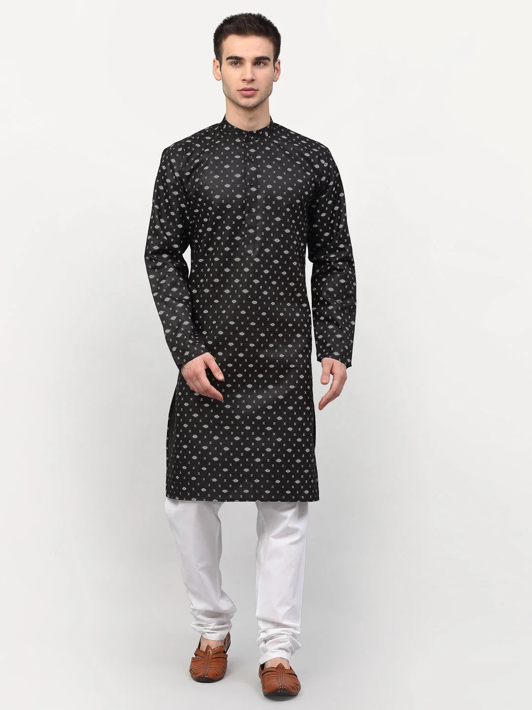 Black Printed Mens Kurta Pajama Set | Cotton Fabric