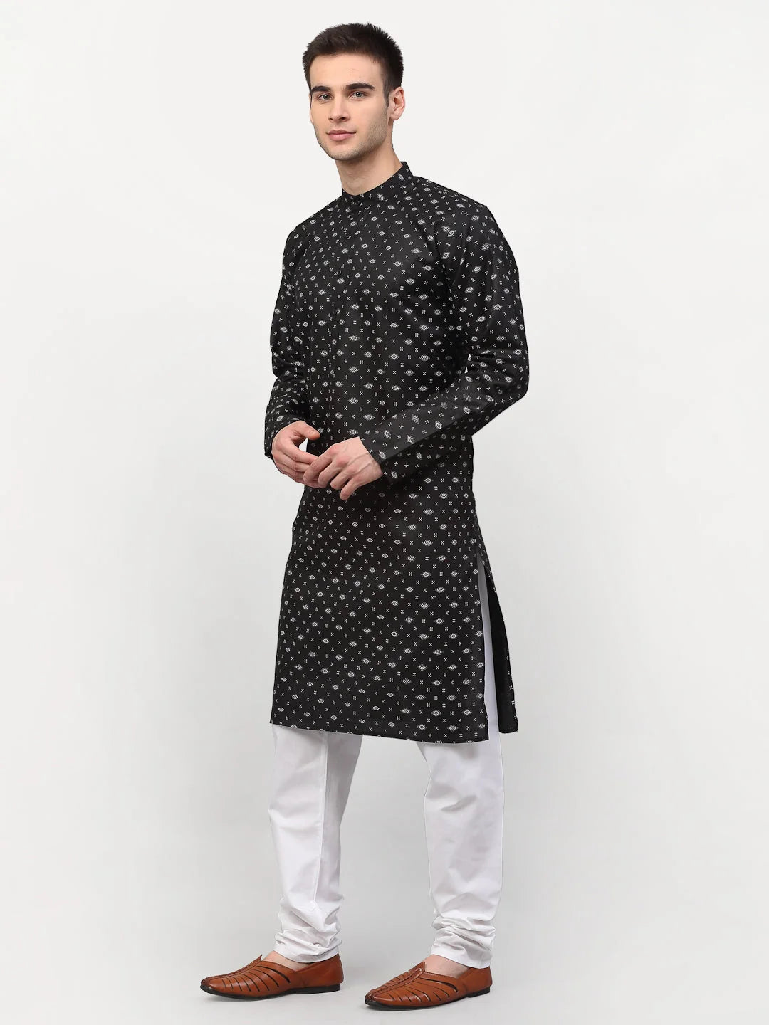 Black Printed Mens Kurta Pajama Set | Cotton Fabric