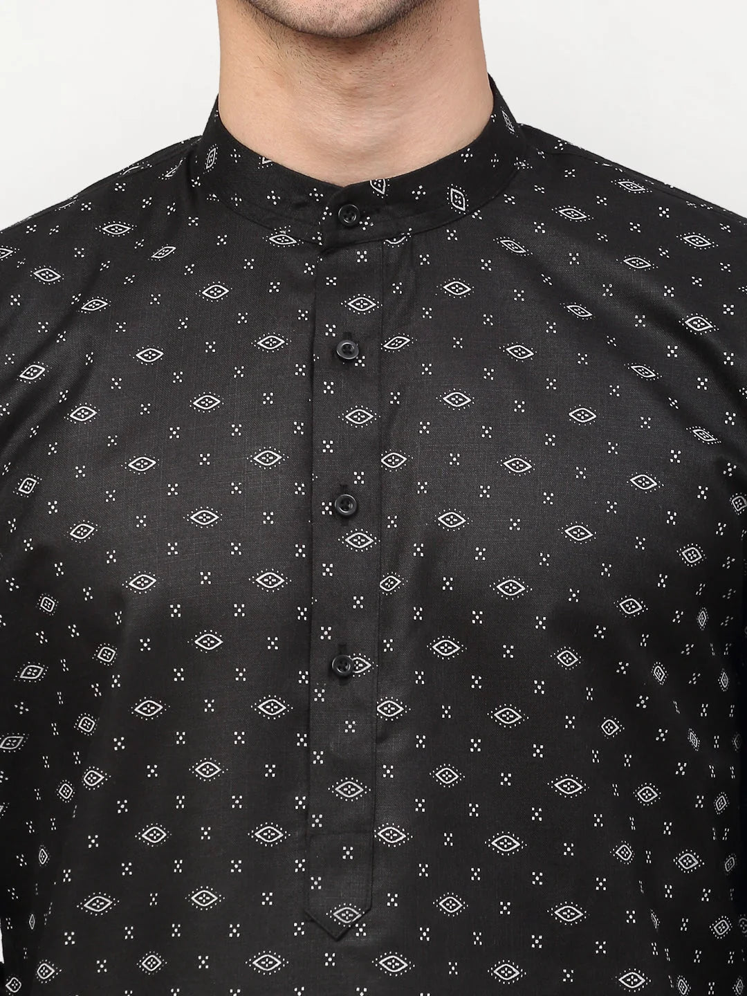 Black Printed Mens Kurta Pajama Set | Cotton Fabric