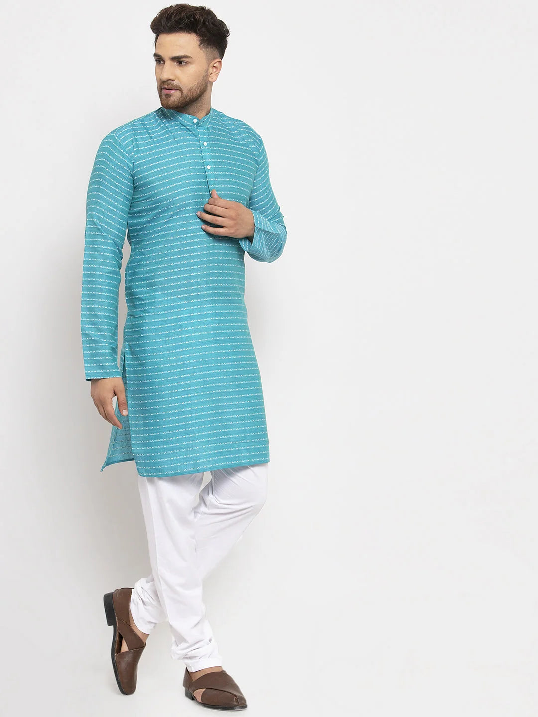 Blue Printed Cotton Kurta Pajama Set | Men's Pathani Style
