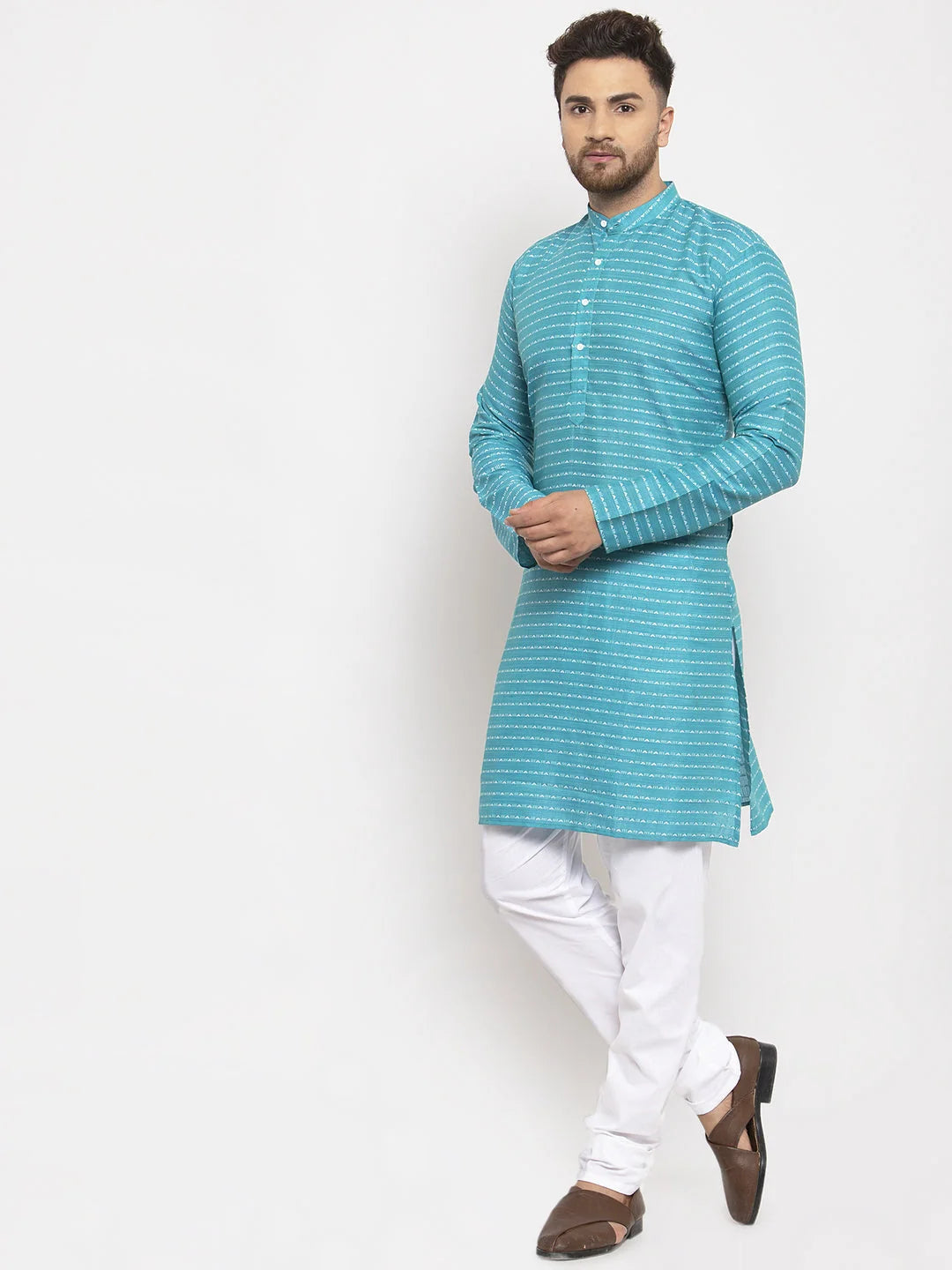 Blue Printed Cotton Kurta Pajama Set | Men's Pathani Style