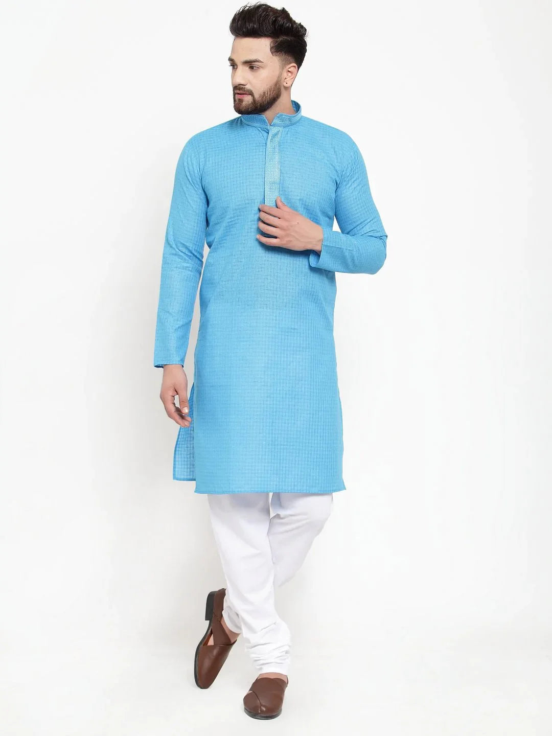 Trendy Blue Embroidered Mens Kurta Pajama Set | Cotton Kurta Pajama