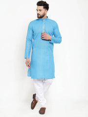 Men Blue & White Embroidered Kurta with Churidar ( JOKP 617 Blue )-JOKP-617