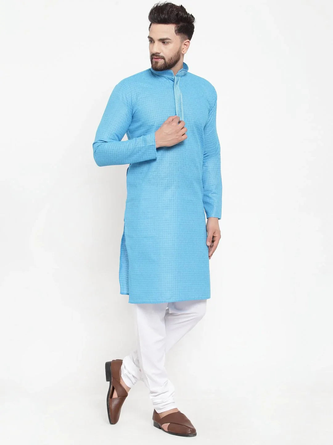 Trendy Blue Embroidered Mens Kurta Pajama Set | Cotton Kurta Pajama