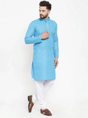 Men Blue & White Embroidered Kurta with Churidar ( JOKP 617 Blue )-JOKP-617