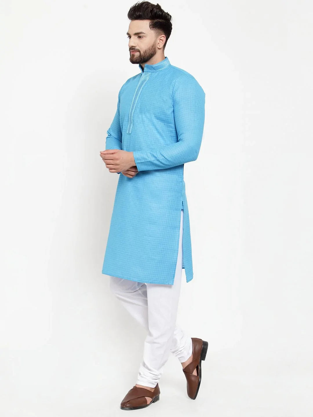 Trendy Blue Embroidered Mens Kurta Pajama Set | Cotton Kurta Pajama
