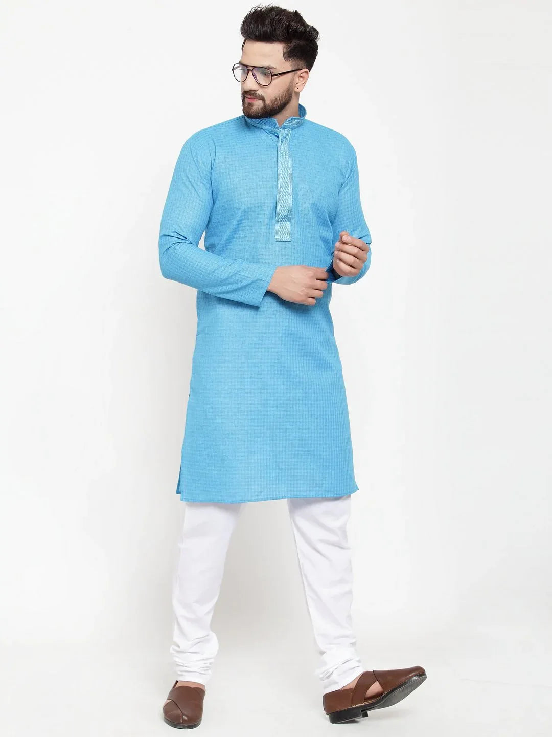 Trendy Blue Embroidered Mens Kurta Pajama Set | Cotton Kurta Pajama
