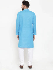 Men Blue & White Embroidered Kurta with Churidar ( JOKP 617 Blue )-JOKP-617