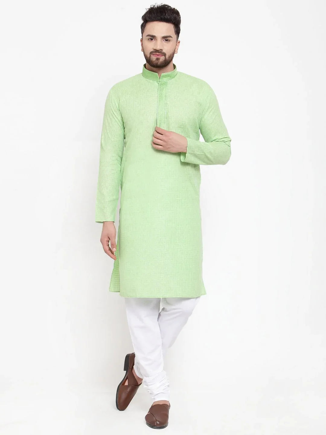 Green Embroidered Mens Kurta Pajama Set | Cotton Churidar