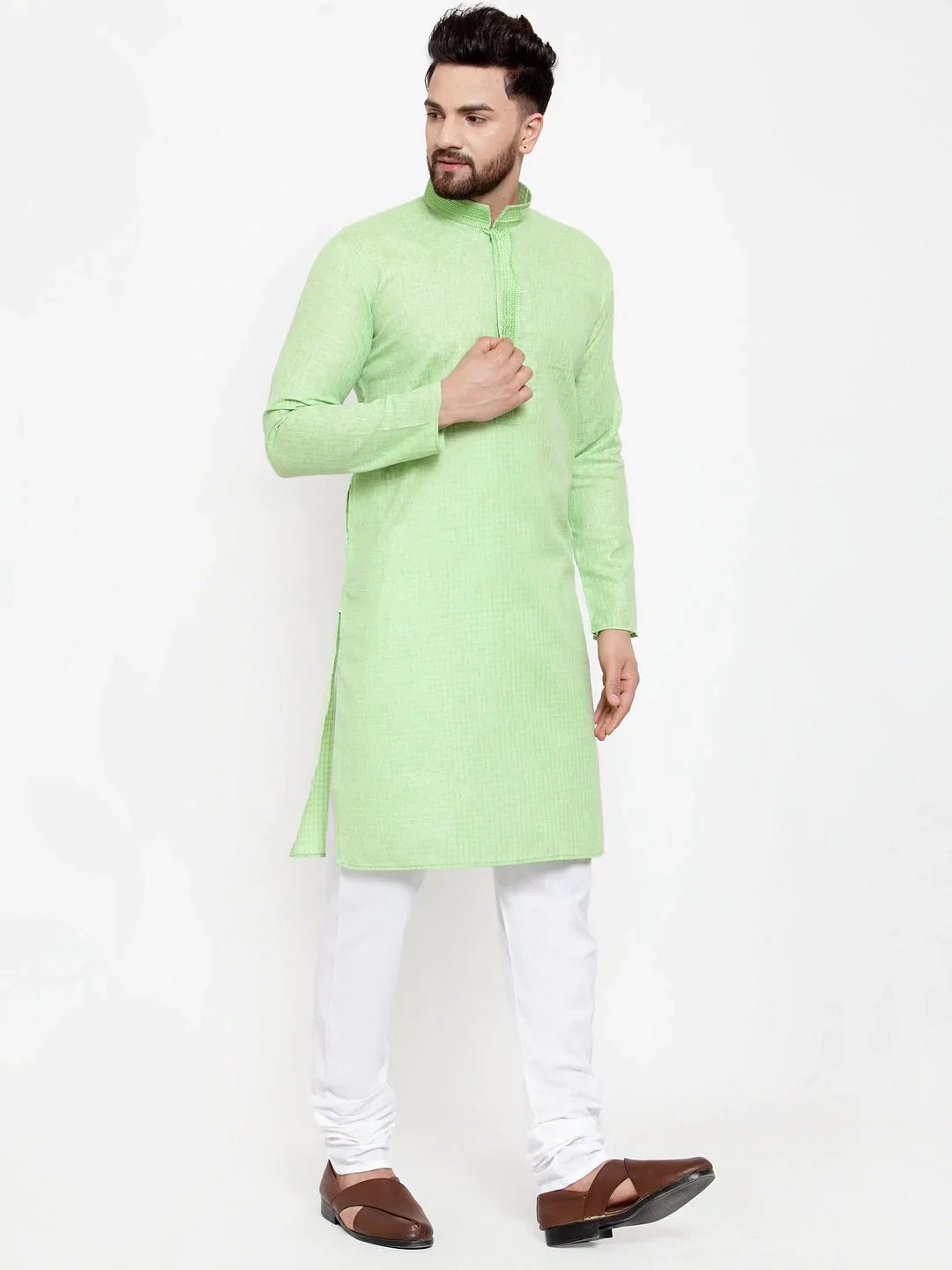 Green Embroidered Mens Kurta Pajama Set | Cotton Churidar
