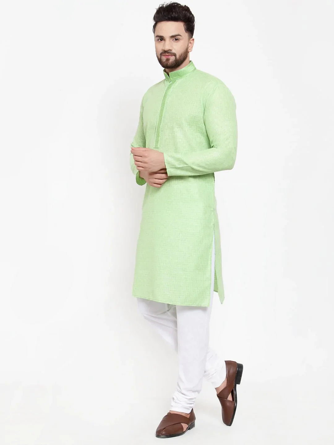 Green Embroidered Mens Kurta Pajama Set | Cotton Churidar