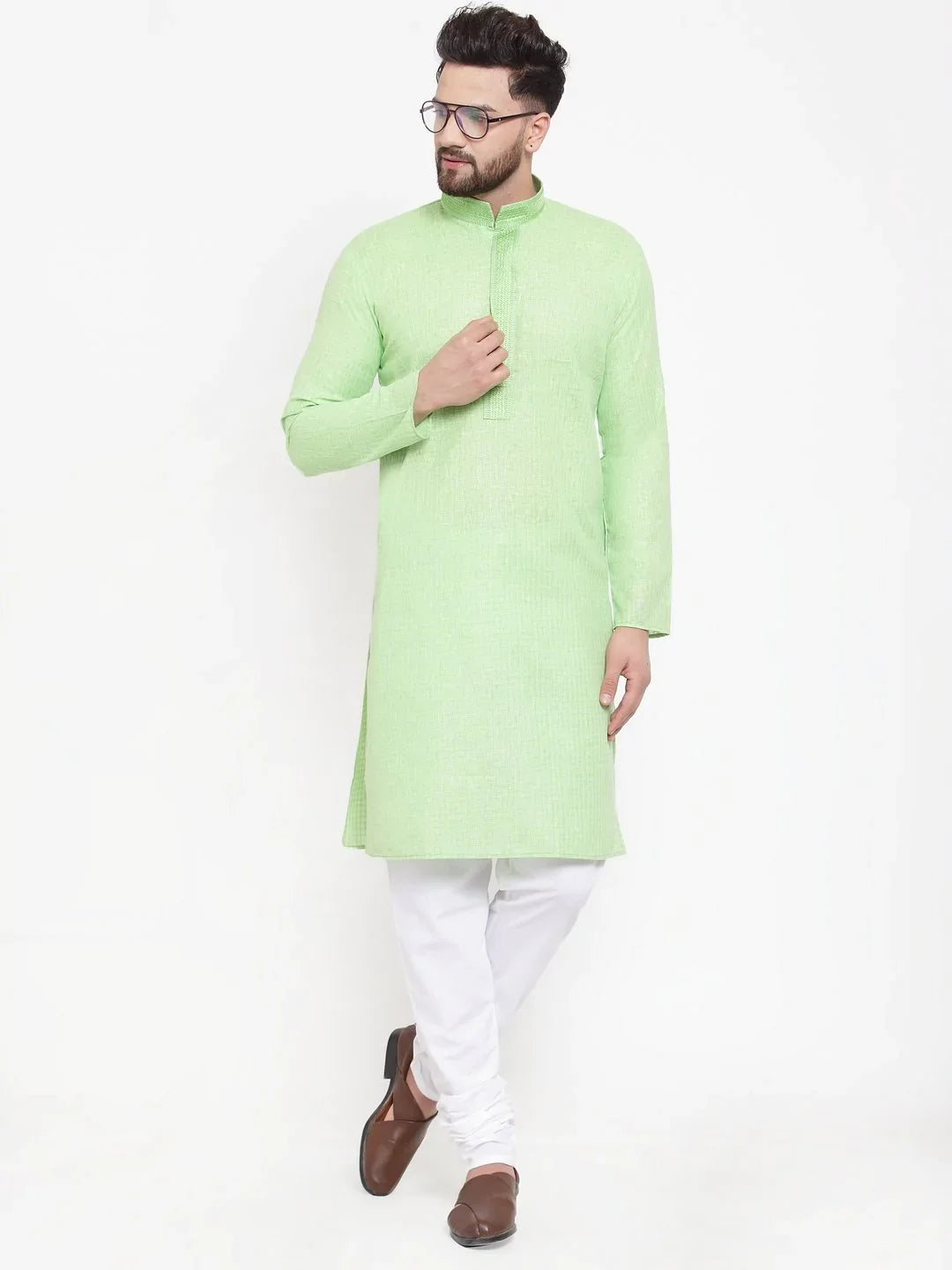 Green Embroidered Mens Kurta Pajama Set | Cotton Churidar