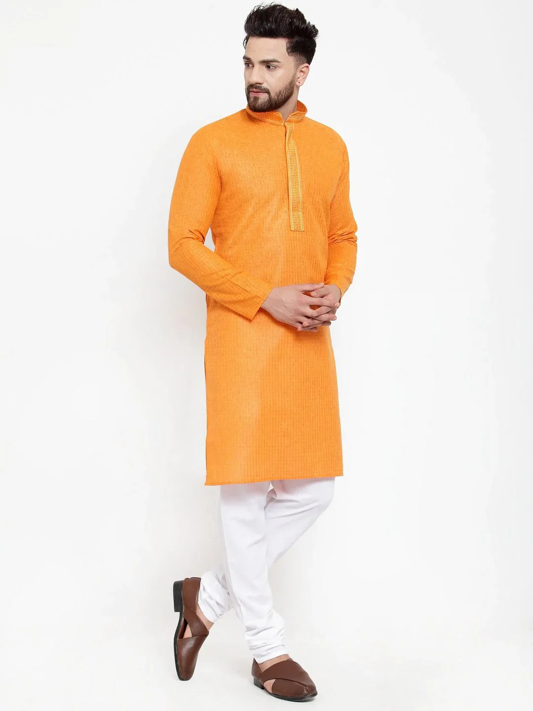 Orange Embroidered Mens Kurta Pajama Set | Cotton Churidar