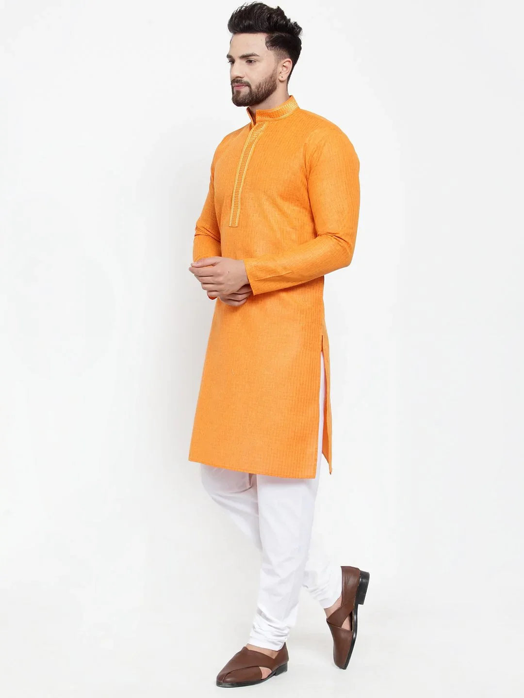 Orange Embroidered Mens Kurta Pajama Set | Cotton Churidar