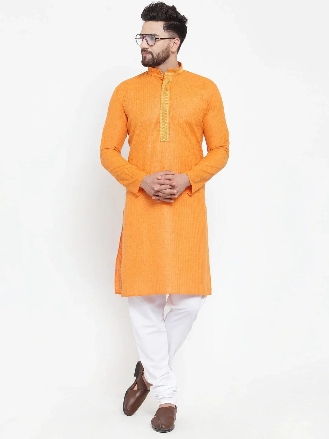 Orange Embroidered Mens Kurta Pajama Set | Cotton Churidar