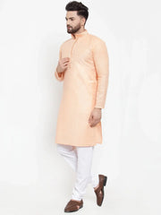 Men Peach & White Embroidered Kurta with Churidar ( JOKP 617 Peach )-JOKP-617