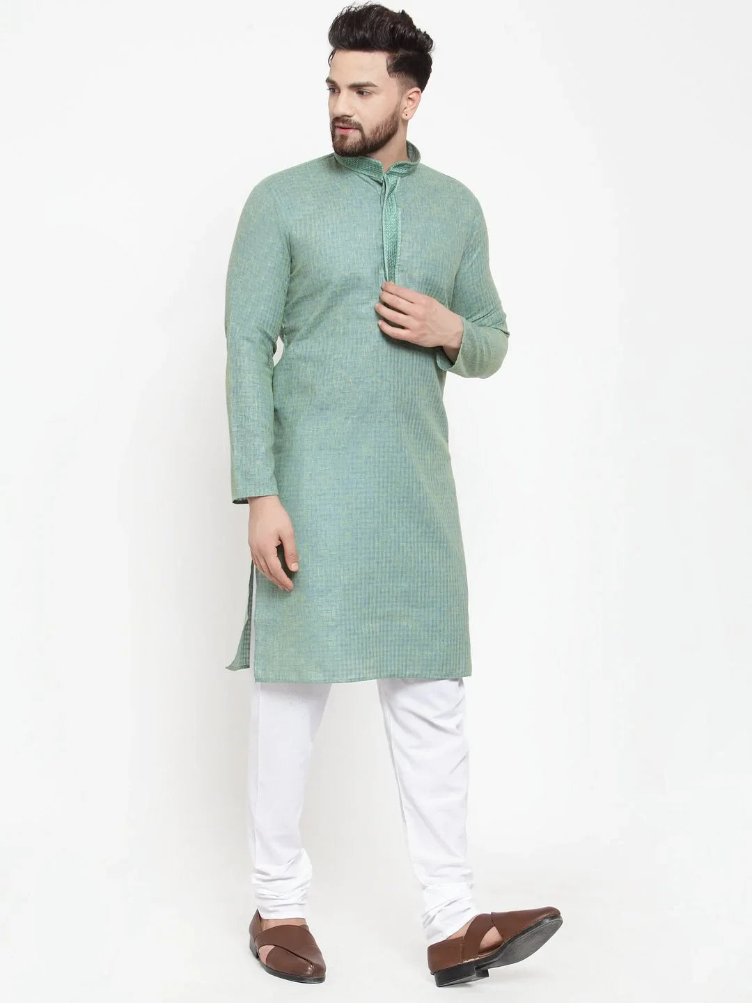Sea Green Embroidered Mens Kurta Pajama Set | Ethnic Wear