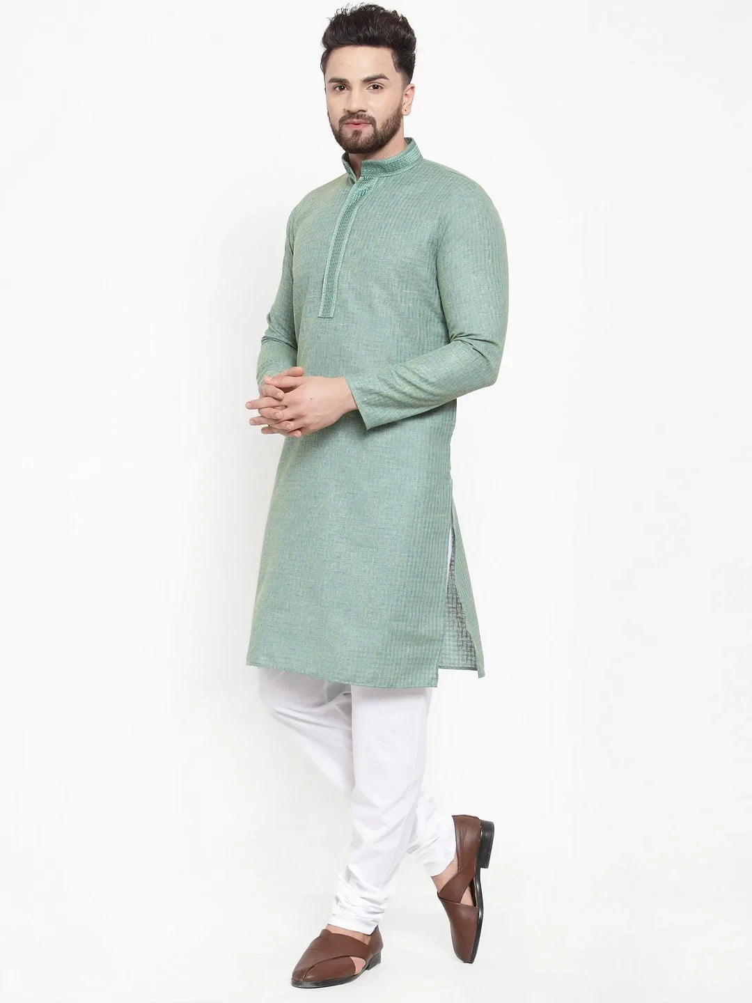Sea Green Embroidered Mens Kurta Pajama Set | Ethnic Wear