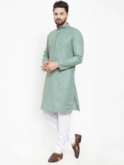 Men Sea Green & White Embroidered Kurta with Churidar ( JOKP 617 Sea-Green )-JOKP-617