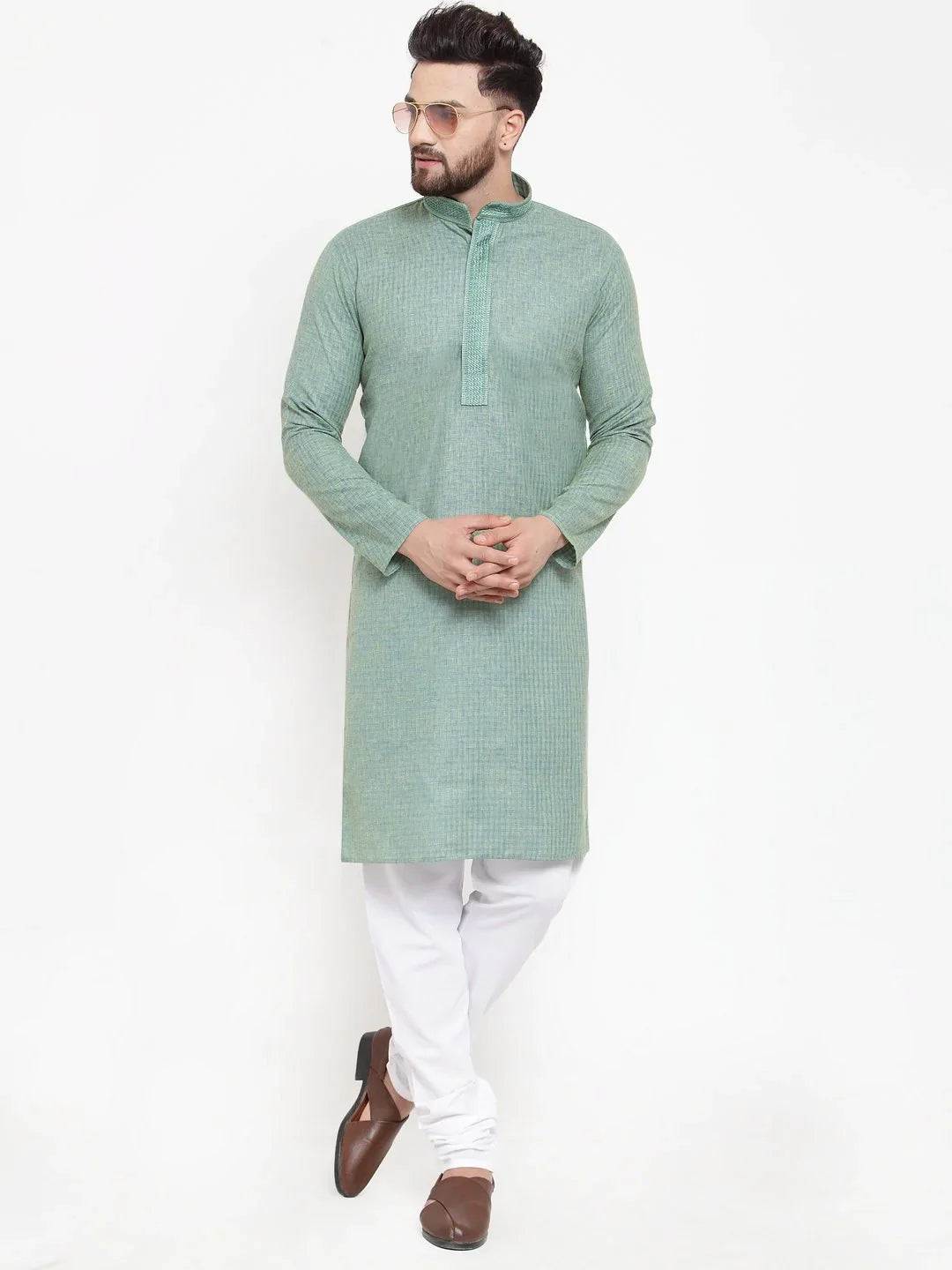 Sea Green Embroidered Mens Kurta Pajama Set | Ethnic Wear