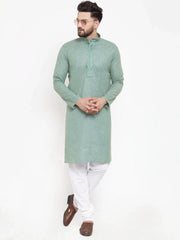 Men Sea Green & White Embroidered Kurta with Churidar ( JOKP 617 Sea-Green )-JOKP-617