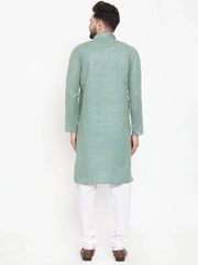 Men Sea Green & White Embroidered Kurta with Churidar ( JOKP 617 Sea-Green )-JOKP-617