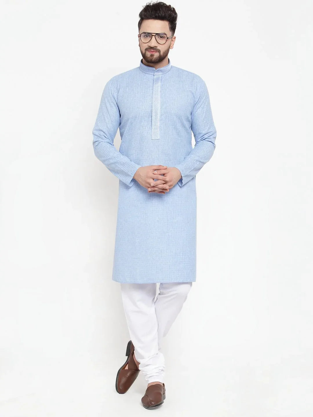 Blue Embroidered Mens Kurta Pajama Set | Cotton Churidar