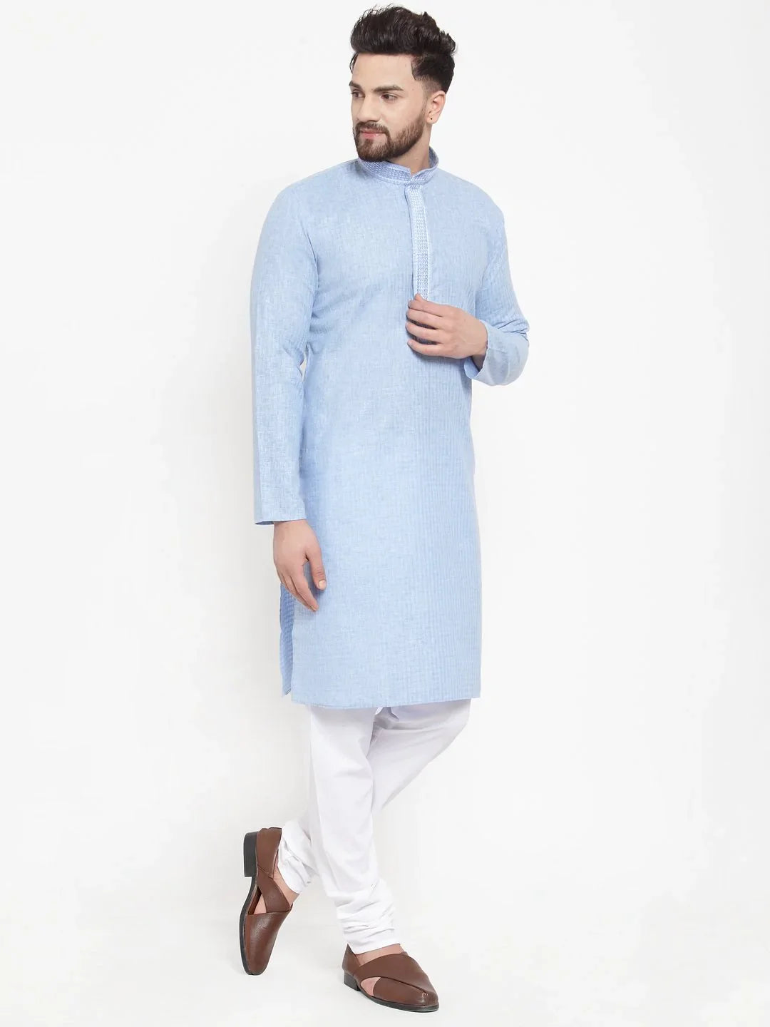 Blue Embroidered Mens Kurta Pajama Set | Cotton Churidar