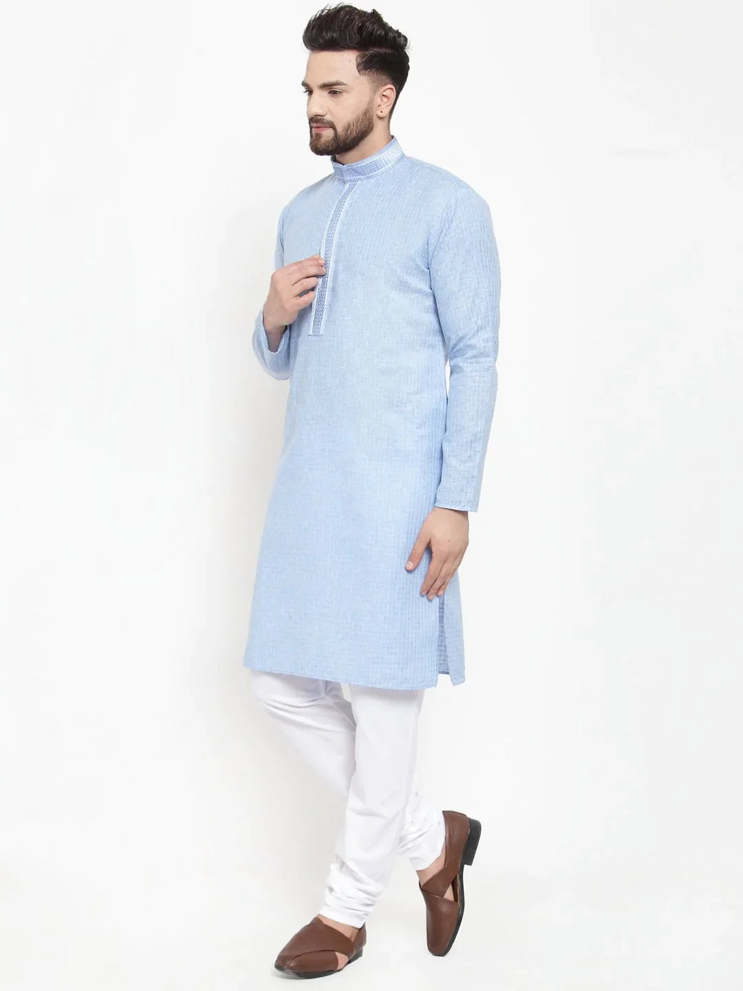 Blue Embroidered Mens Kurta Pajama Set | Cotton Churidar