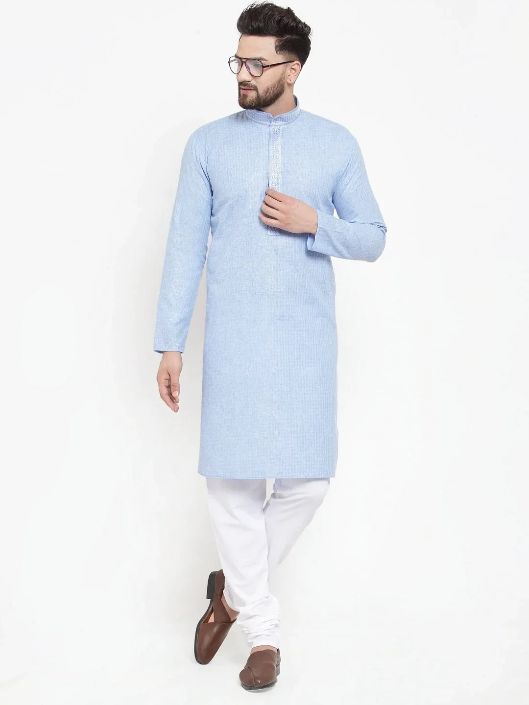 Blue Embroidered Mens Kurta Pajama Set | Cotton Churidar