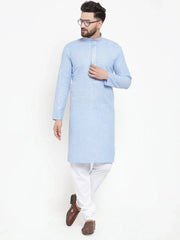 Men Blue & White Embroidered Kurta with Churidar ( JOKP 617 Sky )-JOKP-617