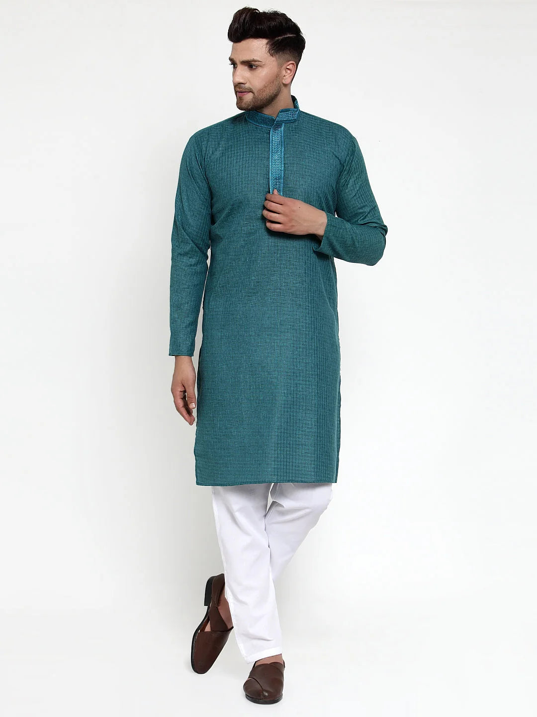 Teal Cotton Mens Kurta Pajama Set | Shop Now
