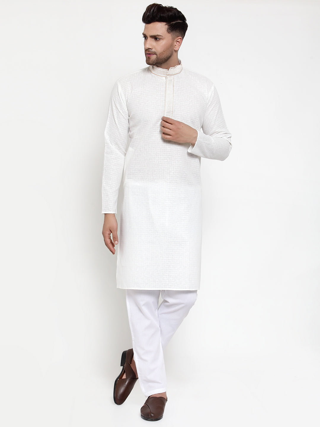 Men's White Woven Kurta Payjama Sets