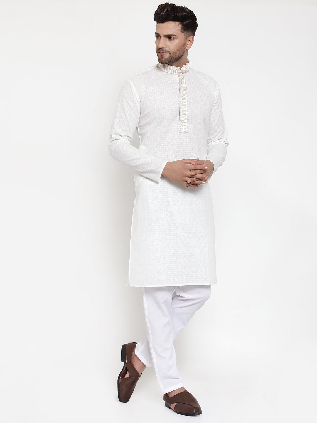 White Cotton Mens Kurta Pajama Set | Classic Pathani Style