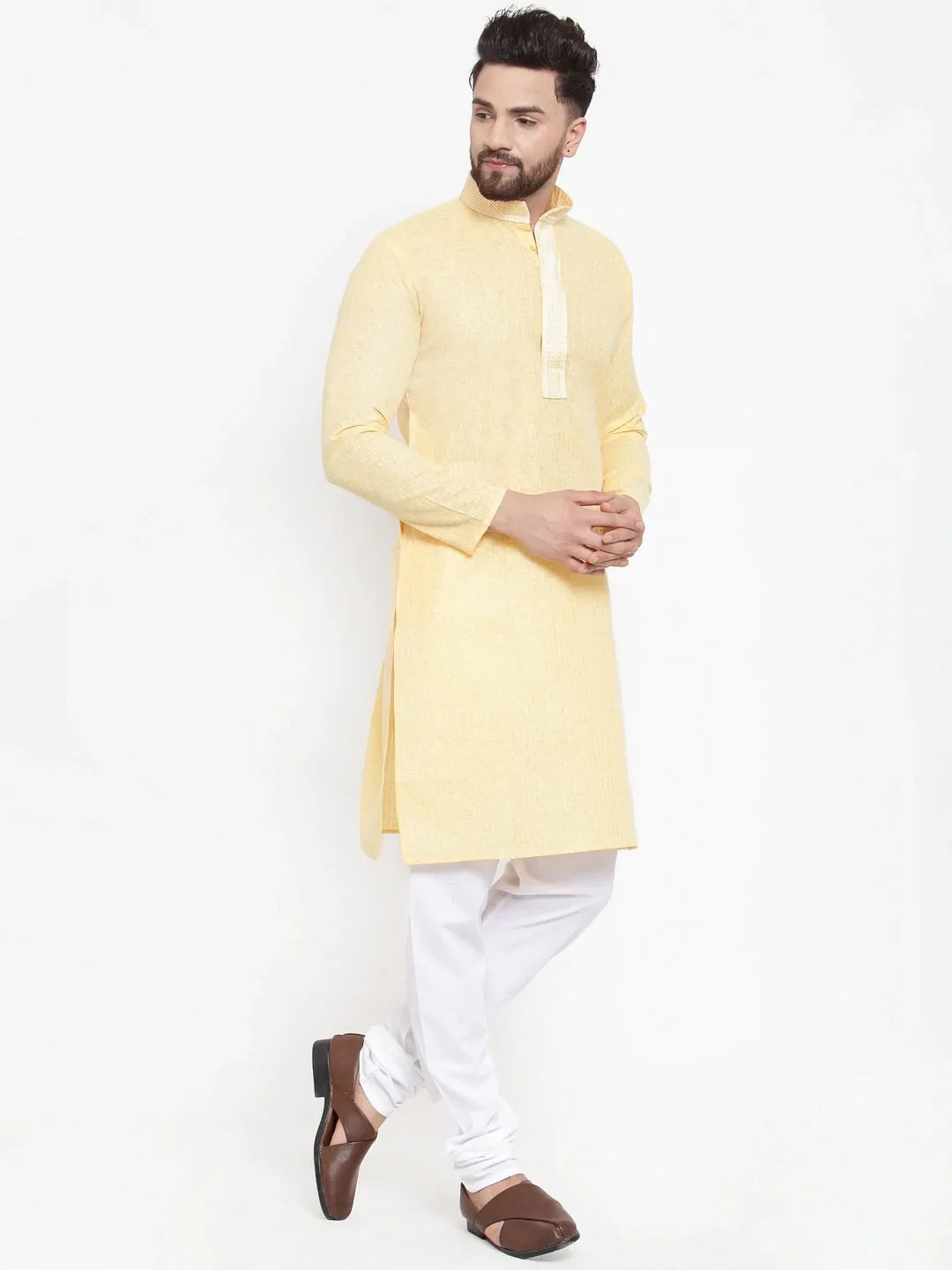 Yellow Embroidered Mens Kurta Pajama Set | Cotton Churidar