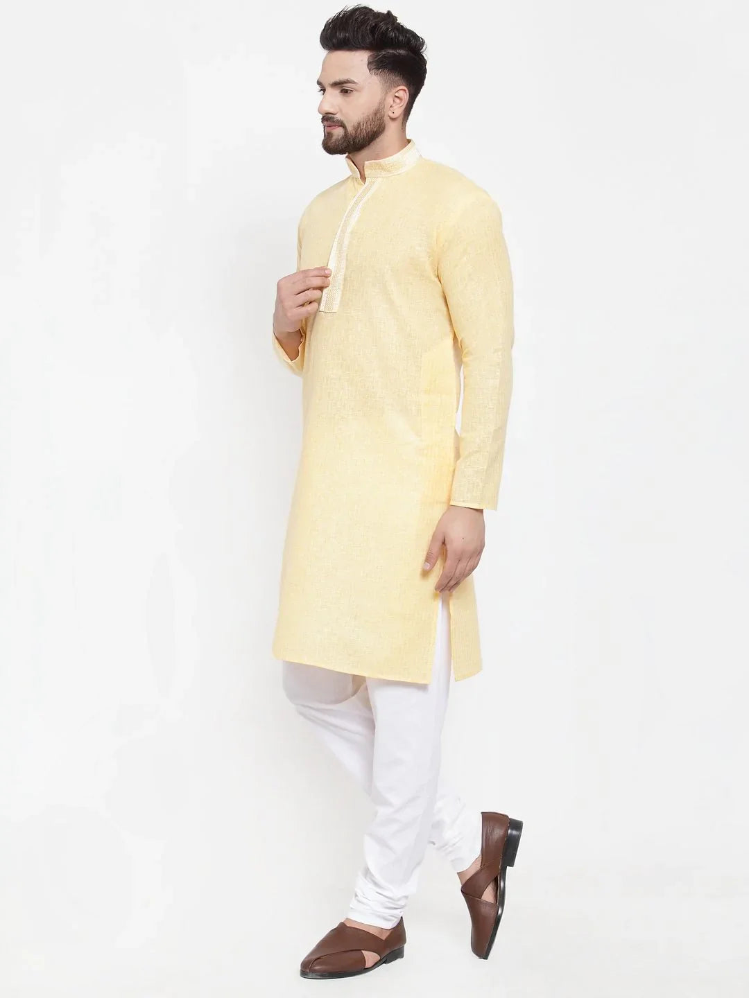 Yellow Embroidered Mens Kurta Pajama Set | Cotton Churidar
