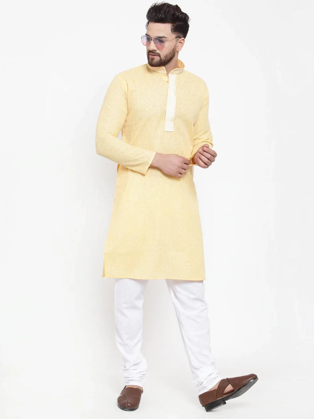 Yellow Embroidered Mens Kurta Pajama Set | Cotton Churidar