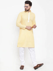 Men Yellow & White Embroidered Kurta with Churidar ( JOKP 617 Yellow )-JOKP-617